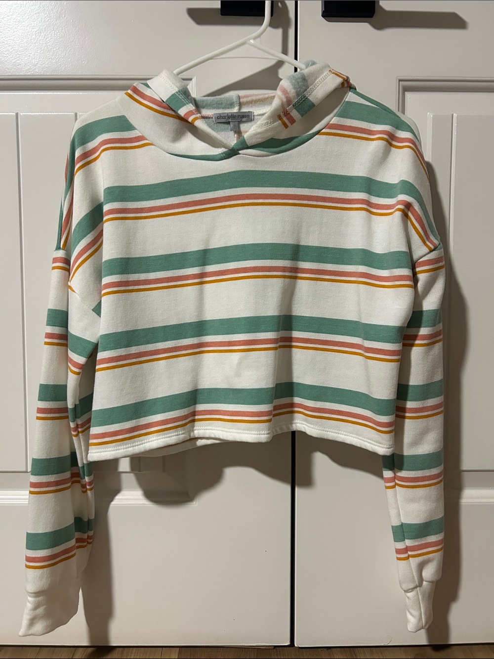Charlotte Russe Striped Cropped Hoodie in White, Sage & Rust